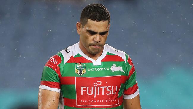 South Sydney's Greg Inglis leaves the field with an injured knee. Picture: Brett Costello