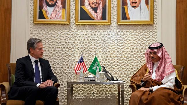 Antony Blinken meets Faisal bin Farhan in Riyadh on Saturday. Picture: AFP