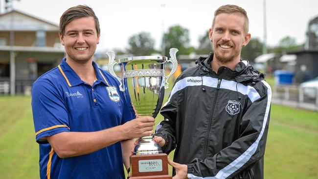 READY TO BATTLE: The Waves captain Callum Hillier with Bingera captain Daniel Watson pose with the Triple M Division 1 Cup. Picture: Brian Cassidy