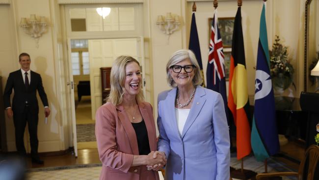 Rebecca White shakes hands with the Governor General Sam Mostyn at Government House in Canberra. Picture: Hilary Wardhaugh/Getty Images