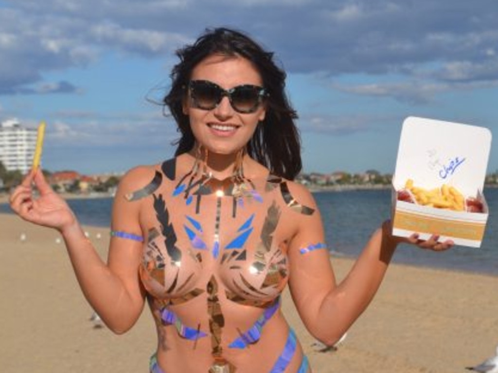 She found doing everyday tasks like eating a challenge in the 'bikini’. Picture: Alida Browne/The Sun