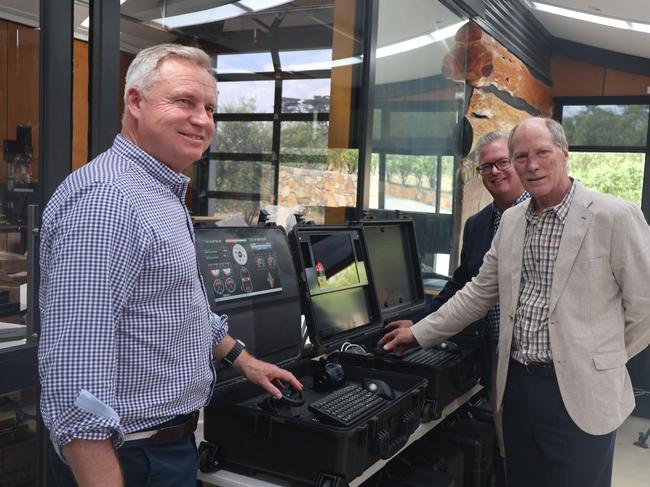 Premier Jeremy Rockliff and Liberal Member for Bass Simon Wood with Pivot Maritime International Managing Director Jeff Hawkins. Picture: Supplied.