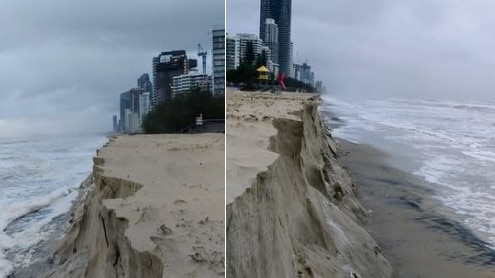 Surfers Paradise beach erosion on the morning of March 8, Saturday after Cyclone Alfred made landfall. Picture: Gold Coast Photography Lovers, Mark Rogers