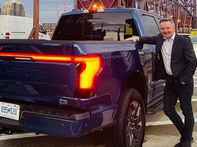 Chris Bowen tweeted a photograph of himself with an electric ute - Ford’s monster F150.