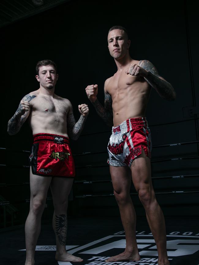 Juniku (left) says his fight preparation starst eight weeks out: “Eight weeks out, you are away from everyone, focused, and I like that whole eight weeks of sacrifice.” Fellow Gold Coast fighter James Honey says: “It’s not very often we get to fight on the Gold Coast, so it will be good to have a home crowd.” Picture: Glenn Campbell