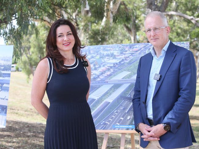 Susana Fueyo Suarez, executive director for the North-South Corridor Project speaks to former federal minister Paul Fletcher after a press conference to launch the development of the South Road tunnels in St Mary’s in February. Picture Emma Brasier