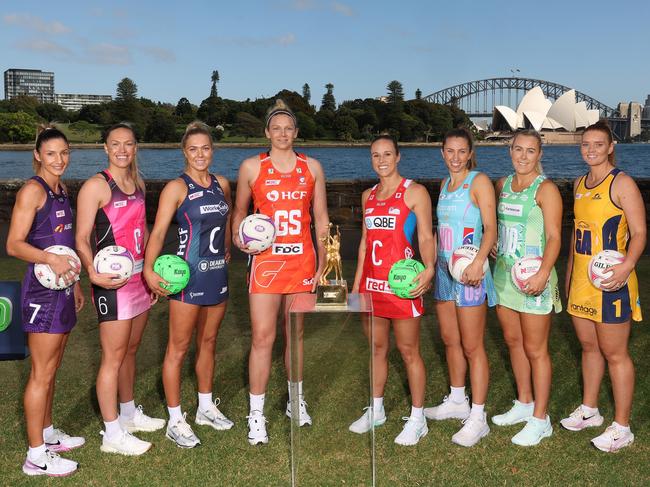 SYDNEY, AUSTRALIA - MARCH 21: (L-R) Kim Ravaillion of Queensland Firebirds, Hannah Petty of Adelaide Thunderbirds, Kate Moloney of Melbourne Vixens, Jo Harten of GIANTS Netball, Paige Hadley of NSW Swifts, Amy Parmenter of Melbourne Mavericks, Jess Anstiss of West Coast Fever and Steph Fretwell of Sunshine Coast Lightning pose during Fox Sports launch of the Super Netball Team Girls Cup at Royal Botanical Gardens Harbour Lawn on March 21, 2024 in Sydney, Australia. (Photo by Mark Metcalfe/Getty Images for Fox Sports)