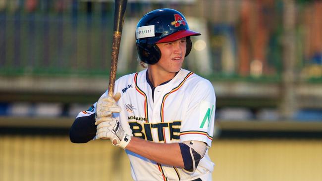 Curtis Mead batting for Adelaide Bite in the Australian Baseball League last season. Picture: Ryan Schembri — SMP Images/ABL Media