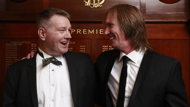 Greg Anderson and Peter Motley at Adelaide Oval on Monday where they were inducted into the SA Football Hall of Fame. Picture: MATT LOXTON