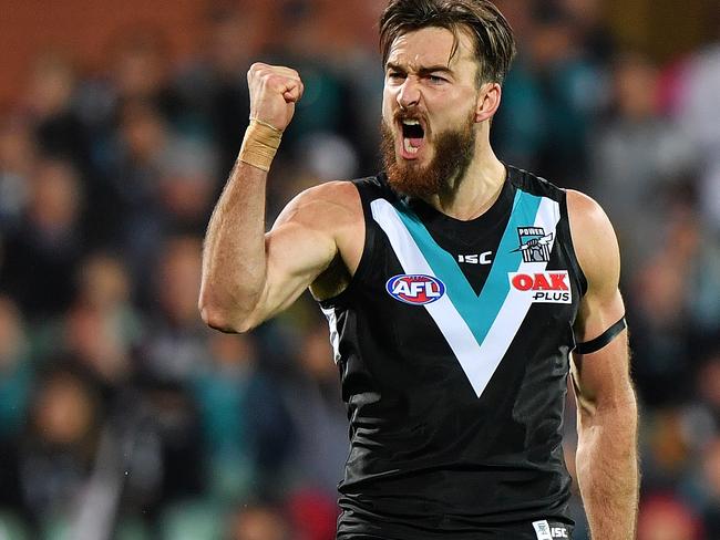 ADELAIDE, AUSTRALIA - SEPTEMBER 09:  Charlie Dixon of the Power celebrates after kicking a goal during the AFL First Elimination Final match between Port Adelaide Power and West Coast Eagles at Adelaide Oval on September 9, 2017 in Adelaide, Australia.  (Photo by Daniel Kalisz/Getty Images)