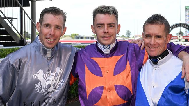 Queensland's 2024 Melbourne Cup jockeys, from left to right, Ron Stewart, Robbie Dolan and Mark Du Plessis. Picture: Grant Peters, Trackside Photography.