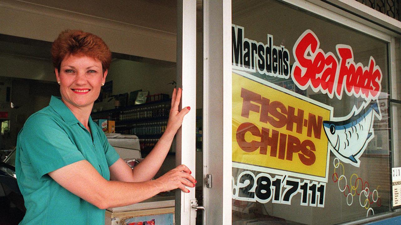 Pauline Hanson at her Ipswich fish and chip shop after winning the seat of Oxley in 1996.