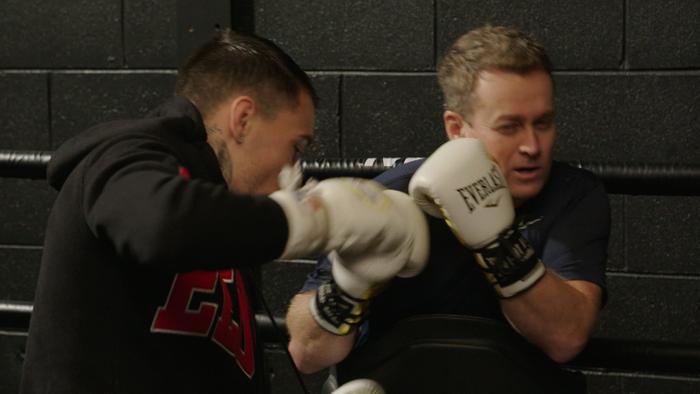 ONLY FOR USE IN SPORT CONFIDENTIAL Channel 7's Grant Denyer sparring with boxing world champion George Kambosos. Picture: Channel 7