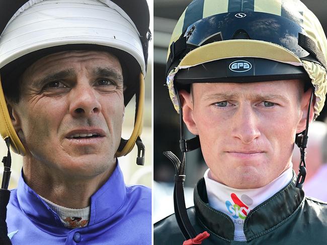 Jockeys Noel Callow (left) and Kyle Wilson-Taylor were involved in a physical altercation at Doomben on Wednesday.