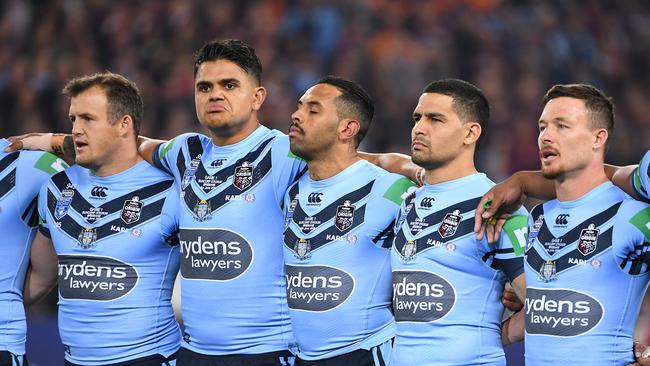 Blues players Josh Morris, Latrell Mitchell, Josh Addo-Carr, Cody Walker and Damien Cook during the Australian national anthem prior to Game 1 of the 2019 State of Origin series. Picture: Dave Hunt/AAP