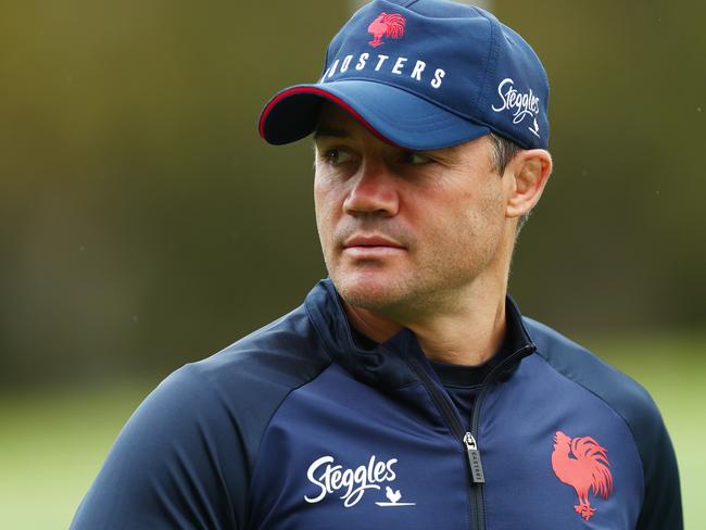 SYDNEY, AUSTRALIA - MARCH 29: Roosters assistant coach Cooper Cronk looks on during a Sydney Roosters NRL training session at Kippax Lake on March 29, 2022 in Sydney, Australia. (Photo by Mark Metcalfe/Getty Images)