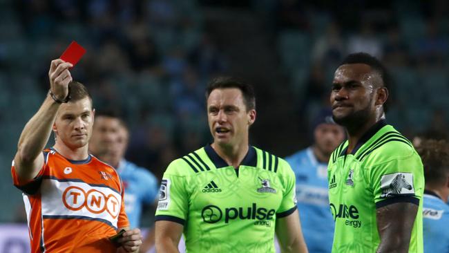 Fainga'a banned for headbutt                     Referee Brendon Pickerill shows a red card to Tevita Nabura.