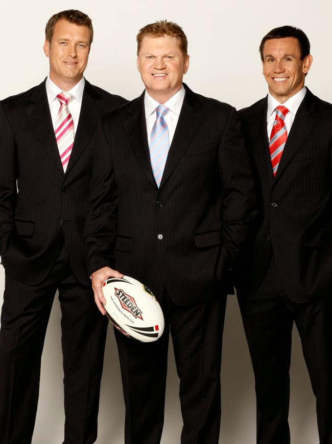 Paul ‘Fatty’ Vautin (centre) with Andrew Voss (left) and Matthew Johns before The Footy Show changed the line-up.