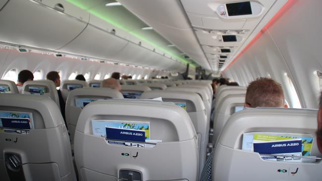 Inside the cabin of an A220-300 which Qantas plans to use on short-haul international routes. Picture: Charles Miranda