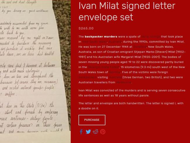 A letter penned by serial killer Ivan Milat is on sale at True Crime Auction for more than $300. Picture: Supplied