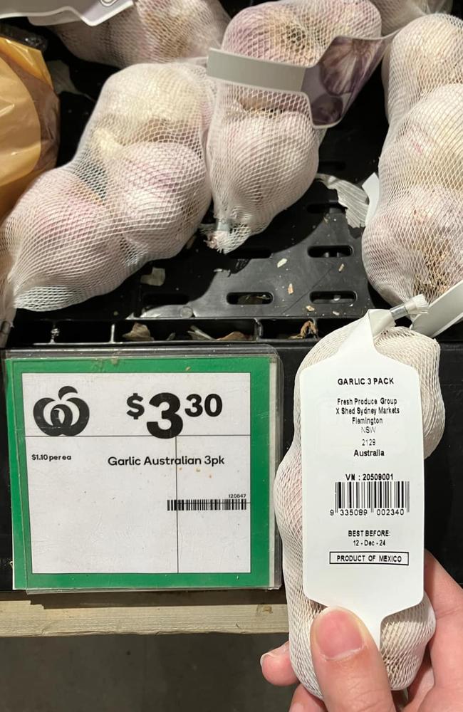 The ticket calls it ‘Garlic Australian’ while the label reads it is a ‘product of Mexico’. Picture: Facebook/MeanwhileInAustralia