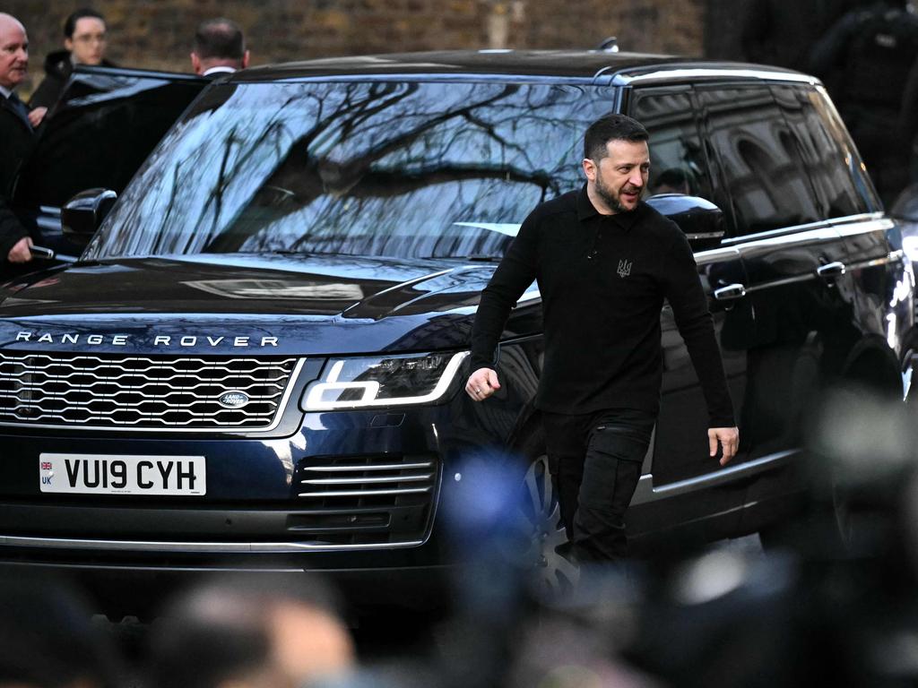 Ukraine's President Volodymyr Zelensky arrived at Downing Street to a cheering crowd after crossing the Atlantic without signing the minerals deal with the US. Picture: Ben Stansall/ AFP