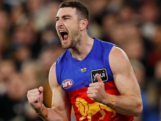 MELBOURNE, AUSTRALIA - SEPTEMBER 09: Daniel McStay of the Lions celebrates a goal during the 2022 AFL Second Semi Final match between the Melbourne Demons and the Brisbane Lions at the Melbourne Cricket Ground on September 9, 2022 in Melbourne, Australia. (Photo by Dylan Burns/AFL Photos via Getty Images)