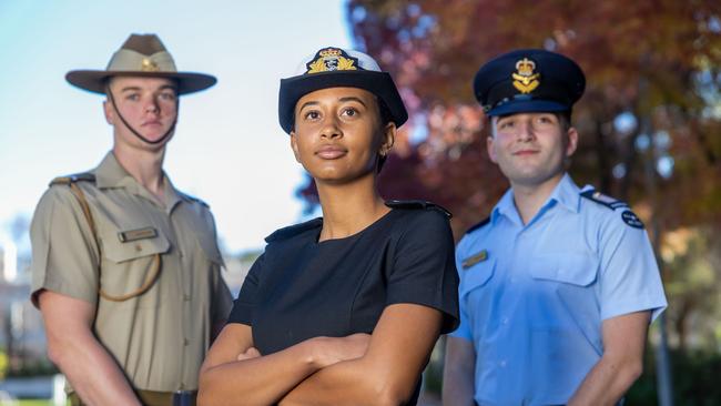 Next generation on the front line: from left, army cadet Nicholas Luhrs, navy midshipman Lily Joesika and air force officer cadet Ricardo Kelly at the Australian Defence Force Academy in Canberra on Monday. Picture: Gary Ramage