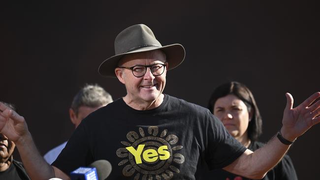 Prime Minister Anthony Albanese promoting the Yes campaign at Uluru before it failed in the voice referendum.