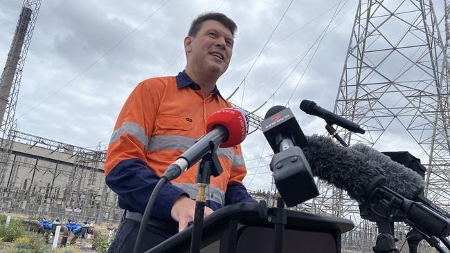 AGL managing director and CEO Brett Redman on Wednesday announcing AGL will start work this year on a 250-megawatt battery at Torrens Island. Picture: Kathryn Bermingham