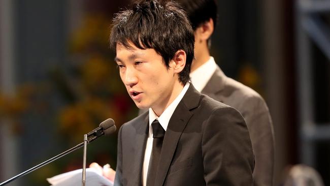 Junpei Kanno, brother of Yosuke Kanno, speaking for the one year anniversary of the Bourke Street attack. Picture: Stuart McEvoy