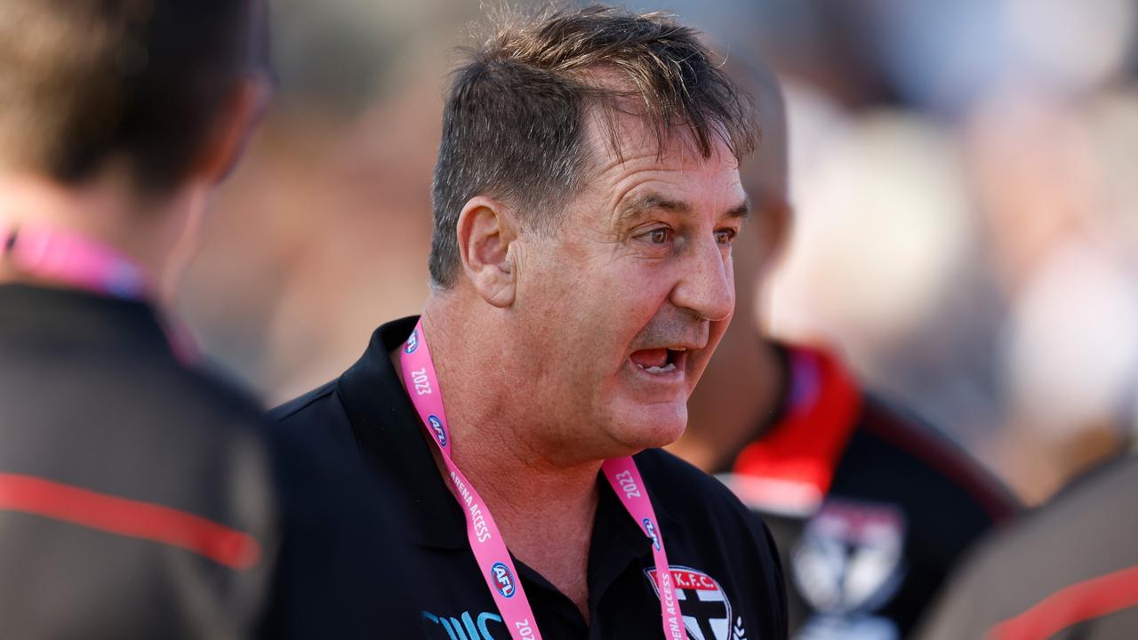 MELBOURNE, AUSTRALIA - MARCH 03: Ross Lyon, Senior Coach of the Saints addresses his players during the 2023 AFL practice match between the St Kilda Saints and the Essendon Bombers at RSEA Park on March 3, 2023 in Melbourne, Australia. (Photo by Michael Willson/AFL Photos via Getty Images)