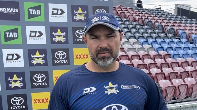 Todd Payten speaks to media in Mackay ahead of Sunday's NRL trial match against the Broncos at BB Print Stadium. Picture: Mitch Bourke.