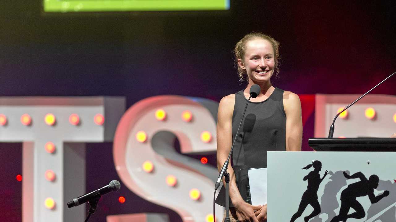 Sports Darling Downs Senior Rookie of the Year Brielle Erbacher speaks to the award night crowd after her win. Picture: Kevin Farmer