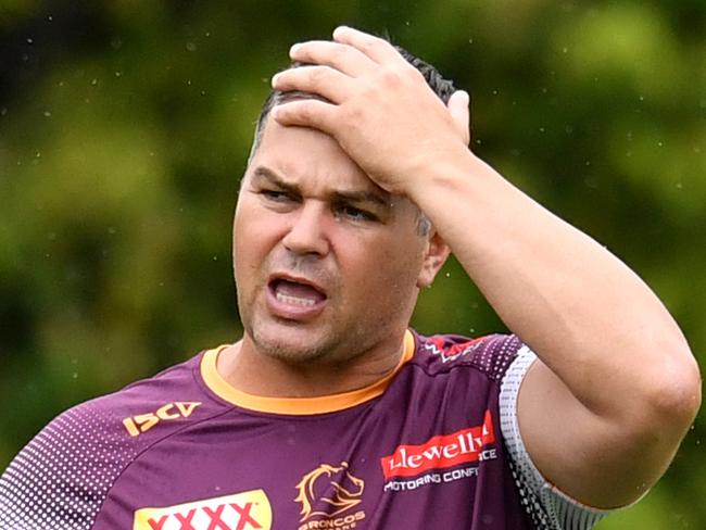 Broncos coach Anthony Seibold is seen during Brisbane Broncos training at Clive Berghofer Field in Brisbane, Wednesday, March 27, 2019. The Broncos are playing St George Illawarra Dragons in their round 3 NRL clash in Brisbane on Thursday night. (AAP Image/Darren England) NO ARCHIVING