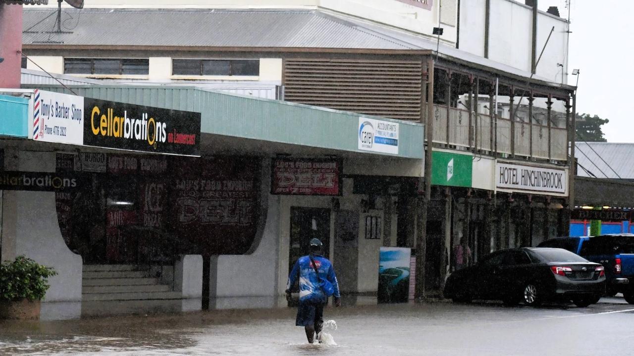 The flood-struck Hinchinbrook Hotel, top right, on Lannercost St during the peak of the Ingham flood disaster in early February. The popular pub and restaurant received about 60mm throughout, which was enough to cause extensive damage that took until Friday to complete renovations. Picture: Cameron Bates