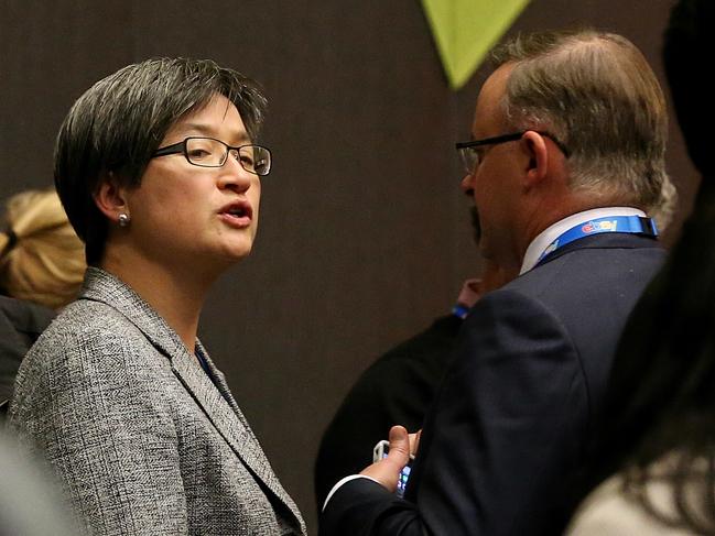 ALP National Conference 2015 - Anthony Albanese and Penny Wong speak privately. Picture: Mark Stewart