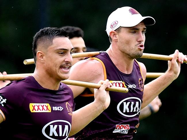 BRISBANE, AUSTRALIA - FEBRUARY 27: Kotoni Staggs and Corey Oates run through a training drill during a Brisbane Broncos NRL training session at Red Hill on February 27, 2020 in Brisbane, Australia. (Photo by Bradley Kanaris/Getty Images)