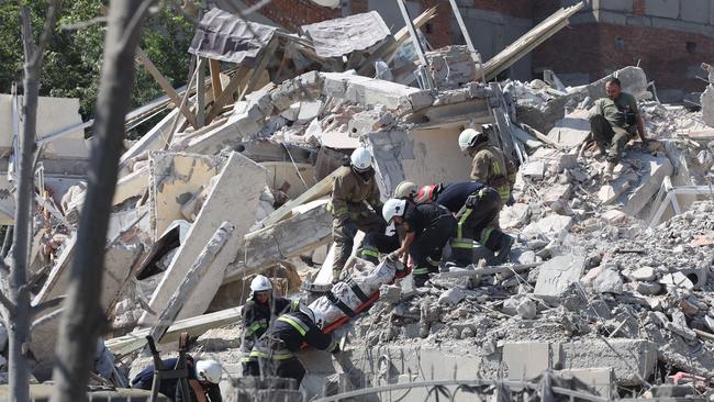 An apartment building in the Ukrainian town of Serhiivka, near Odessa, has been destroyed by a Russian missile strike. Picture: AFP