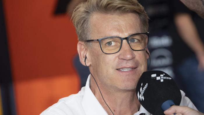 DOHA, QATAR - NOVEMBER 17:  Pit Beirer of Austria (KTM Motorsport Director)  speaks with journalists in box during the MotoGP of Qatar - Free Practice at Losail Circuit on November 17, 2023 in Doha, Qatar. (Photo by Mirco Lazzari gp/Getty Images)
