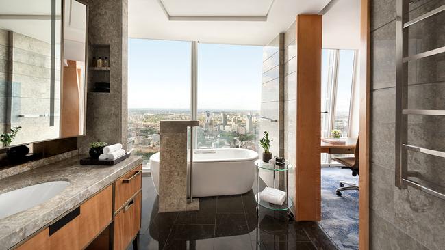 Deluxe City View bathroom with a view at Shangri-La The Shard, London.