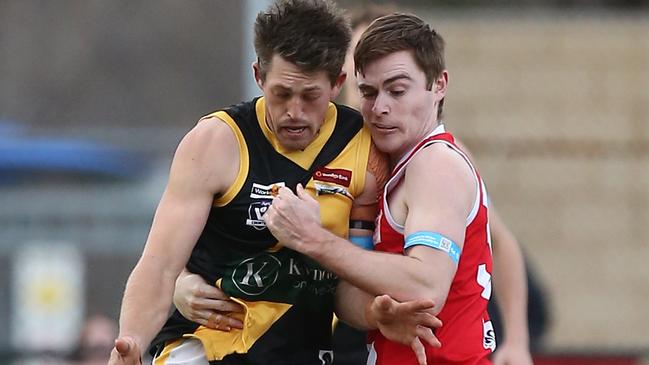 Bendigo FNL, South Bendigo Bloods v Kyneton Tigers, at QE Oval, Bendigo, South Bendigo   &  Harrison Huntley, 17,  Kyneton,     Picture Yuri Kouzmin