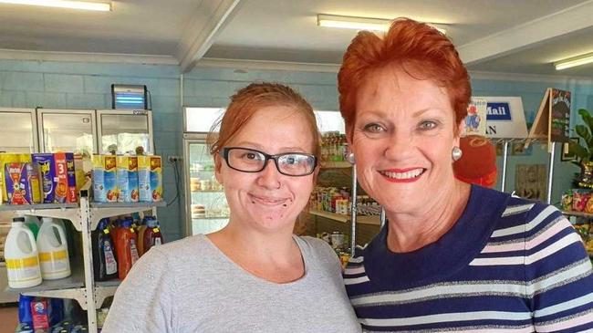 BACKING BUSINESSES: Katie Dawes, the daughter of Grandma's Groceries and Coffee Shop owner Susan Bruce, with Senator Pauline Hanson. Picture: Contributed