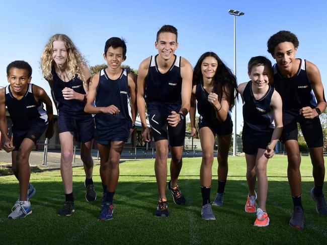 19.2.19- Members of the Flagstaff Athletics Club Dylan Boyce (16- Barbados), Josh Bell (16- Scotland), Monty Boey (13- Malaysia), Kyle Gillies (16- Australia), Jamilla Hartogh-Jennings (14- South Africa), Wade Bentley (11- South Africa), Asher Gillings (16- Jamaica) & Samuel Burbridge (12- England) at their home track in Flagstaff Hill. The athletes will all compete in the 'Flagstaff Gift' on March 2nd.Picture: Bianca De Marchi