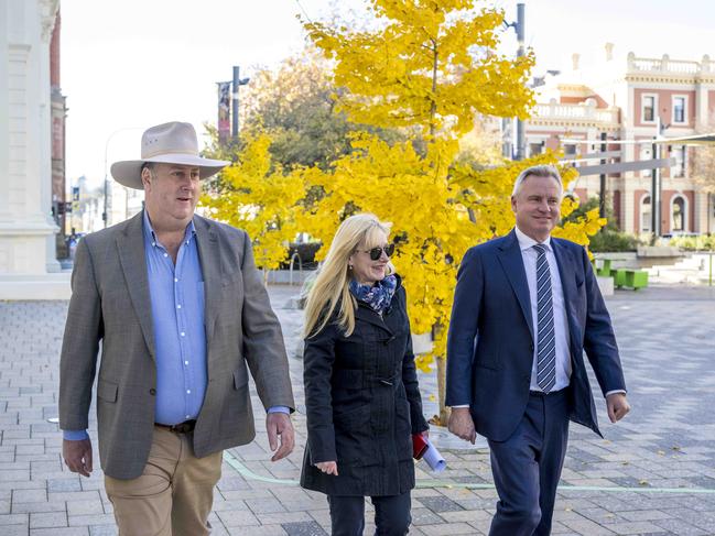 Independents John Tucker and Lara Alexander with Premier Jeremy Rockliff in Launceston after reaching an agreement to work together. Picture: Rob Burnett