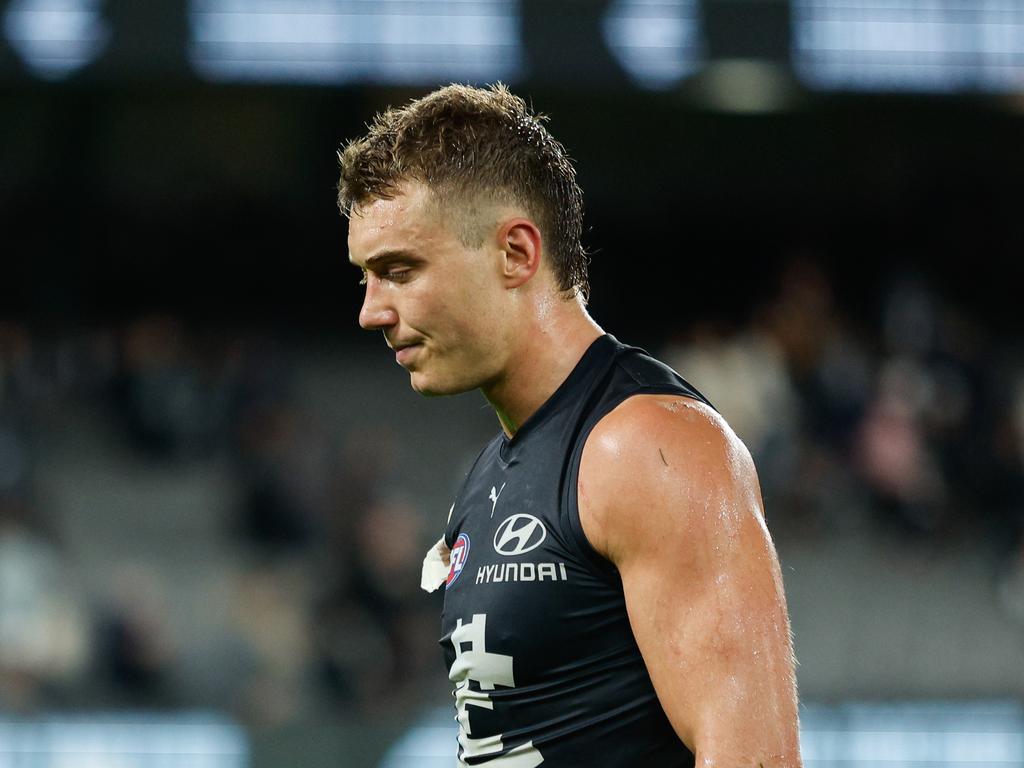 MELBOURNE, AUSTRALIA - APRIL 13: Patrick Cripps of the Blues looks dejected after a loss during the 2024 AFL Round 05 match between the Carlton Blues and the Adelaide Crows at Marvel Stadium on April 13, 2024 in Melbourne, Australia. (Photo by Dylan Burns/AFL Photos via Getty Images)