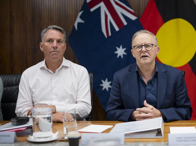 Chief Minister Eva Lawler (R) with Prime Minister Anthony Albanese (centre) and Deputy Prime Minister Richard Marles at Federal Cabinet in Darwin on March 13, 2024.