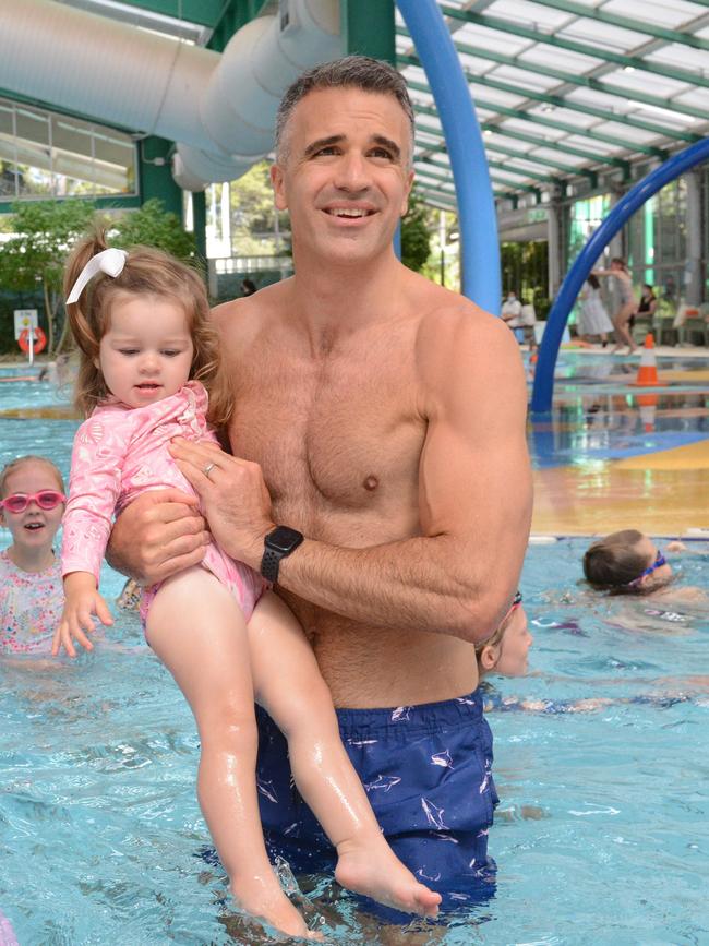 Peter Malinauskas famously launched his election campaign at the pool with his daughter Eliza in February. Picture: Brenton Edwards