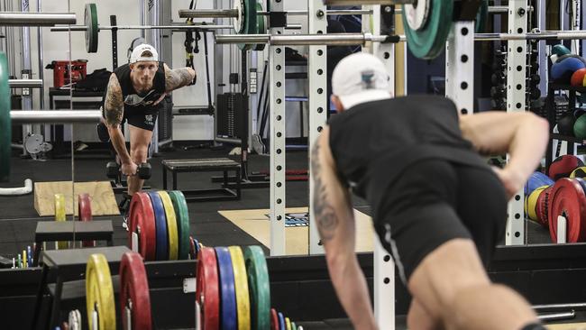 Hartlett makes solid progress in the gym 10 weeks after surgery for his ACL injury. Picture SARAH REED