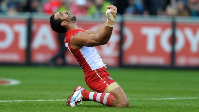 Adam Goodes celebrates at the end of the 2012 AFL Grand Final. Picture: Wayne Taylor